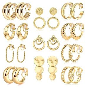 11 Pairs Gold Clip-On Hoop Earrings Set