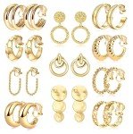11 Pairs Gold Clip-On Hoop Earrings Set