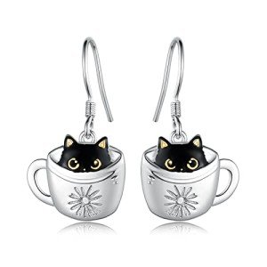 Cute Black Cat Dangle Earrings in Sterling Silver