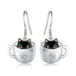 Cute Black Cat Dangle Earrings in Sterling Silver