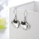 Cute Black Cat Dangle Earrings in Sterling Silver