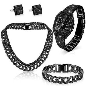 Hip Hop Jewelry Set: Necklace, Bracelet, Watch, Earrings