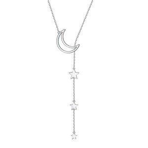 Moon Star Y Shaped Sterling Silver Lariat Necklace