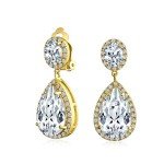 Teardrop CZ Halo Clip-On Earrings in Gold