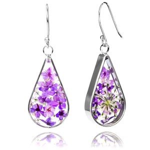 Sterling Silver Pressed Flower Teardrop Earrings