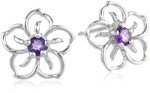 Rhodium-Plated Silver African Amethyst Flower Stud Earrings