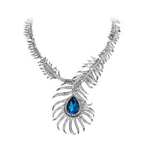 Vintage Peacock Feather Teardrop Necklace with Crystals