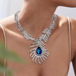 Vintage Peacock Feather Teardrop Necklace with Crystals