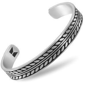 Men's Silver Stainless Steel Cuff Bracelet with Feather