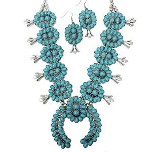 Turquoise Western Squash Blossom Necklace and Earrings Set