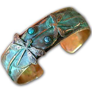 Patina Dragonfly Feather Cuff Bracelet with Turquoise