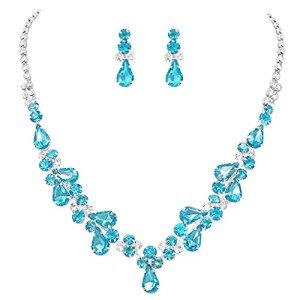 Aqua Blue Crystal Teardrop Necklace and Earrings Set