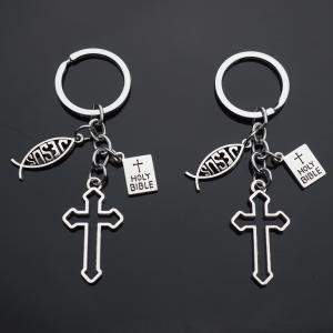 Christian Cross and Fish Charms Keychain Set
