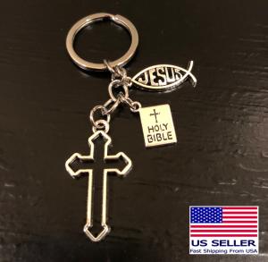 Hollow Cross and Fish Christian Keychain Charm