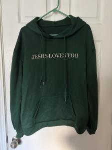 Jesus Loves You Drawstring Hoodie Sweatshirt - Dark Green XL