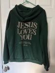 Jesus Loves You Drawstring Hoodie Sweatshirt - Dark Green XL