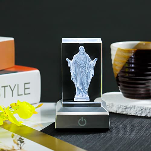 Sacred Heart of Jesus Crystal Statue with Colorful Light Base