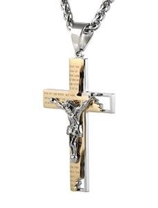 HZMAN Men's Stainless Steel Cross Crucifix Necklace Gold