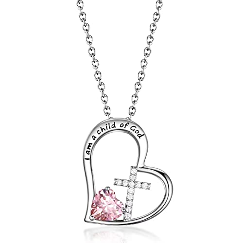 Heart Cross Birthstone Necklace for Girl - Baptism & Communion Gift