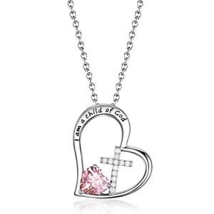 Heart Cross Birthstone Necklace for Girl - Baptism & Communion Gift