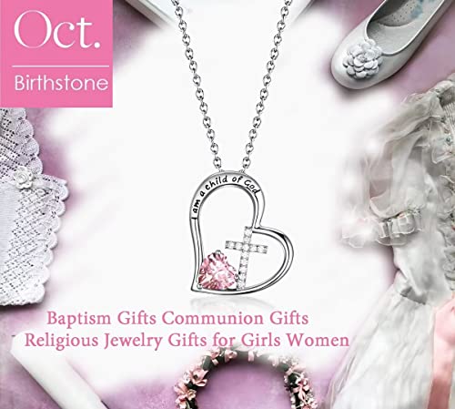 Heart Cross Birthstone Necklace for Girl - Baptism & Communion Gift