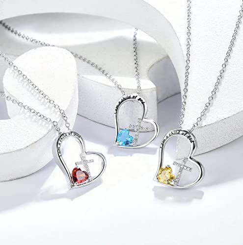 Heart Cross Birthstone Necklace for Girl - Baptism & Communion Gift