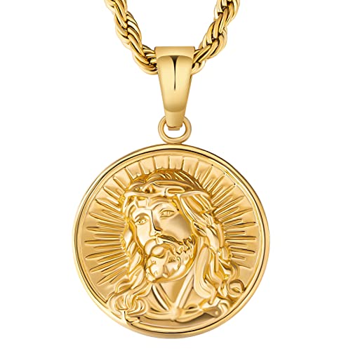 Vintage Coin Pendant Necklace with Religious Charms, 22in