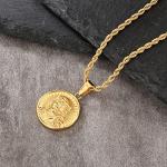 Vintage Coin Pendant Necklace with Religious Charms, 22in