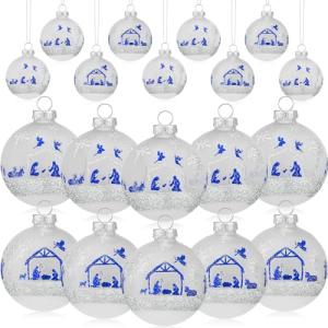 12 Pc Nativity Glass Christmas Ornaments with Vintage Jesus