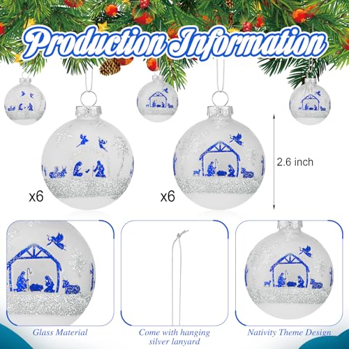 12 Pc Nativity Glass Christmas Ornaments with Vintage Jesus