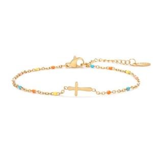 Colorful Beads Cross Bracelet 18K Gold Plated Christian Jewelry