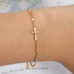 Colorful Beads Cross Bracelet 18K Gold Plated Christian Jewelry