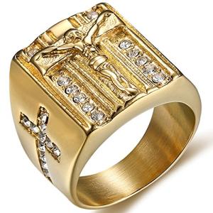 Stainless Steel Gold Jesus Cross Ring, Size 10