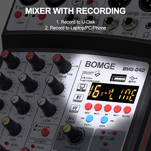 BOMGE 4-Channel DJ Audio Mixer with Bluetooth