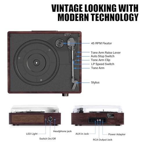 Mersoco Bluetooth Belt-Driven Vintage Turntable with Speakers