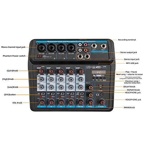 Depusheng U6 6-Channel USB Audio Mixer for DJs