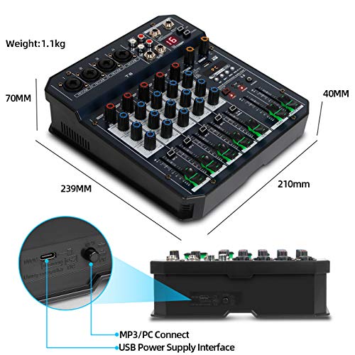 Depusheng T6 6-Channel DJ Mixer with USB Soundcard