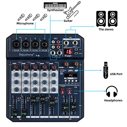 Depusheng T6 6-Channel DJ Mixer with USB Soundcard