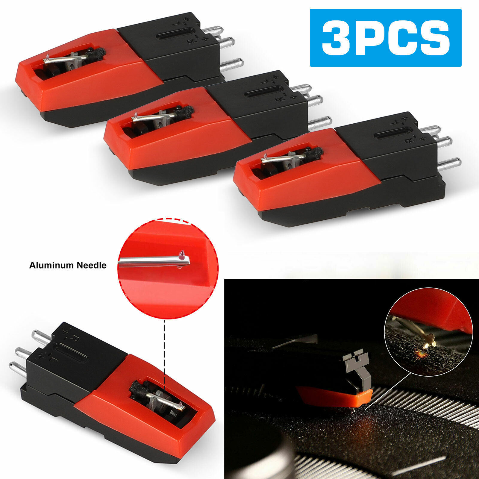 3PCS Vinyl Turntable Cartridge with Needle Stylus For Phonograph Record Player