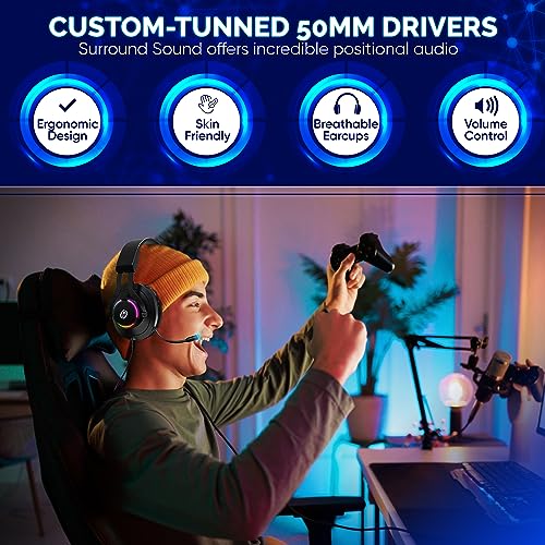 LED Gaming Headset with Microphone for Consoles & PC