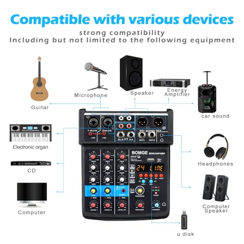 BOMGE 4 Channel DJ Mixer with Recording & Bluetooth