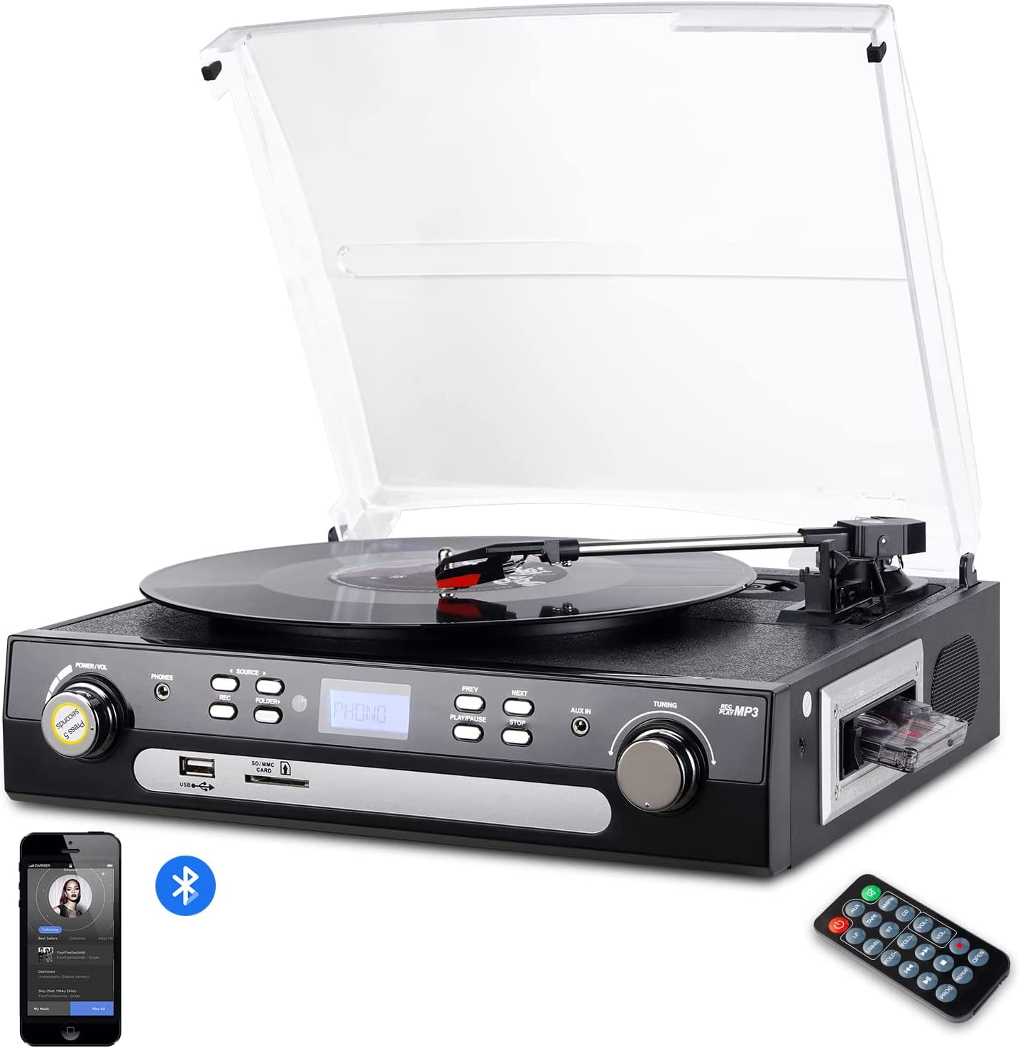 Bluetooth Turntable Record Player with Speakers & Remote