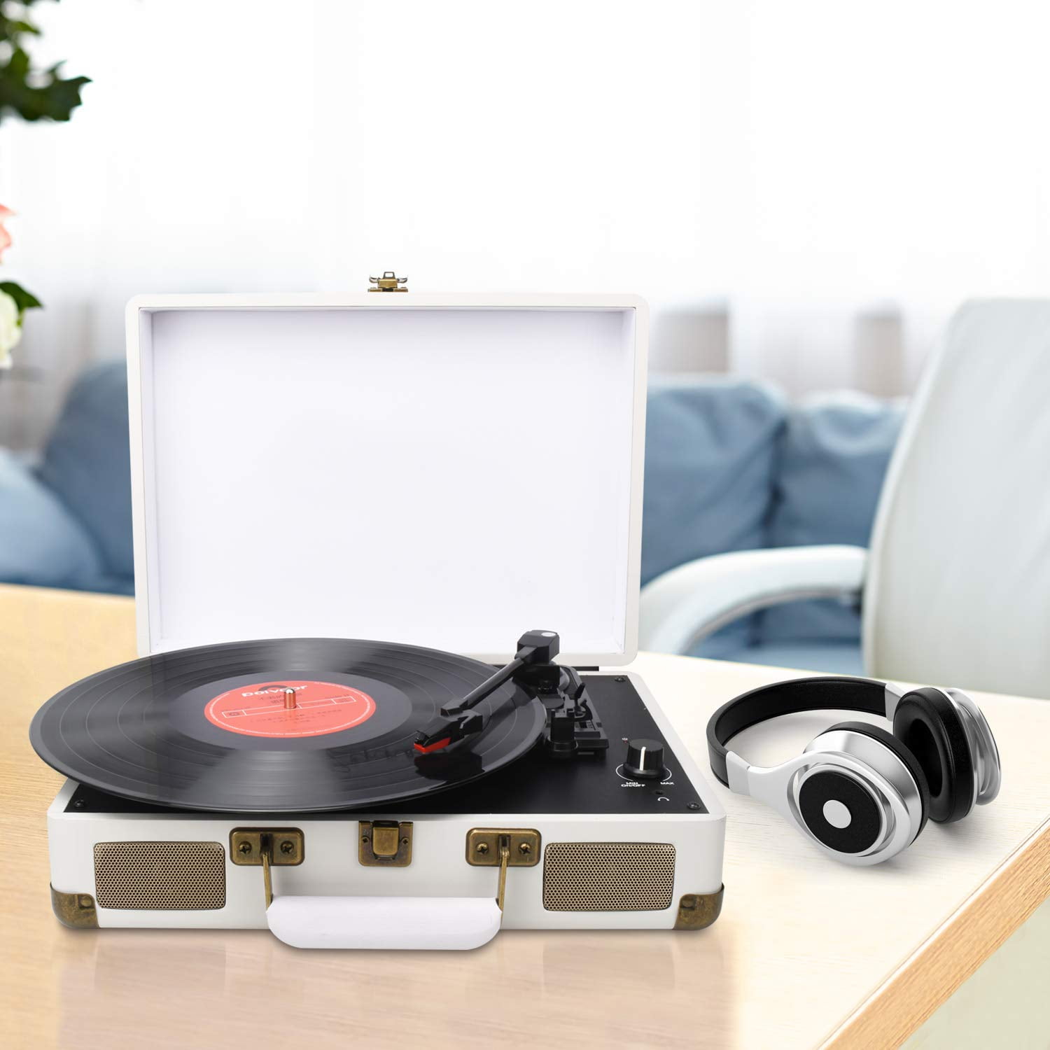 Portable 3-Speed Turntable with Built-in Speakers & USB