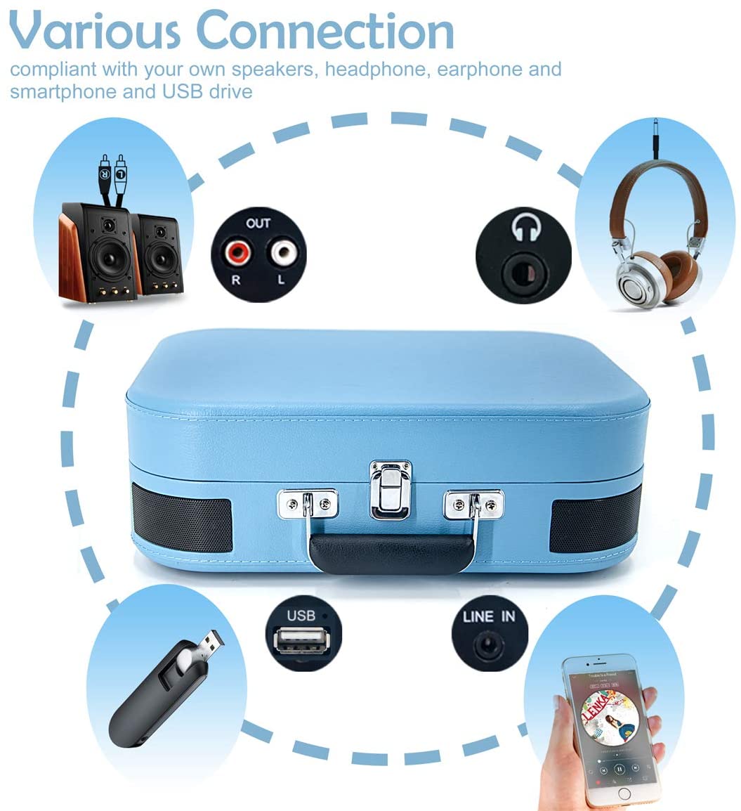 Portable Wireless Vintage Vinyl Turntable, Blue