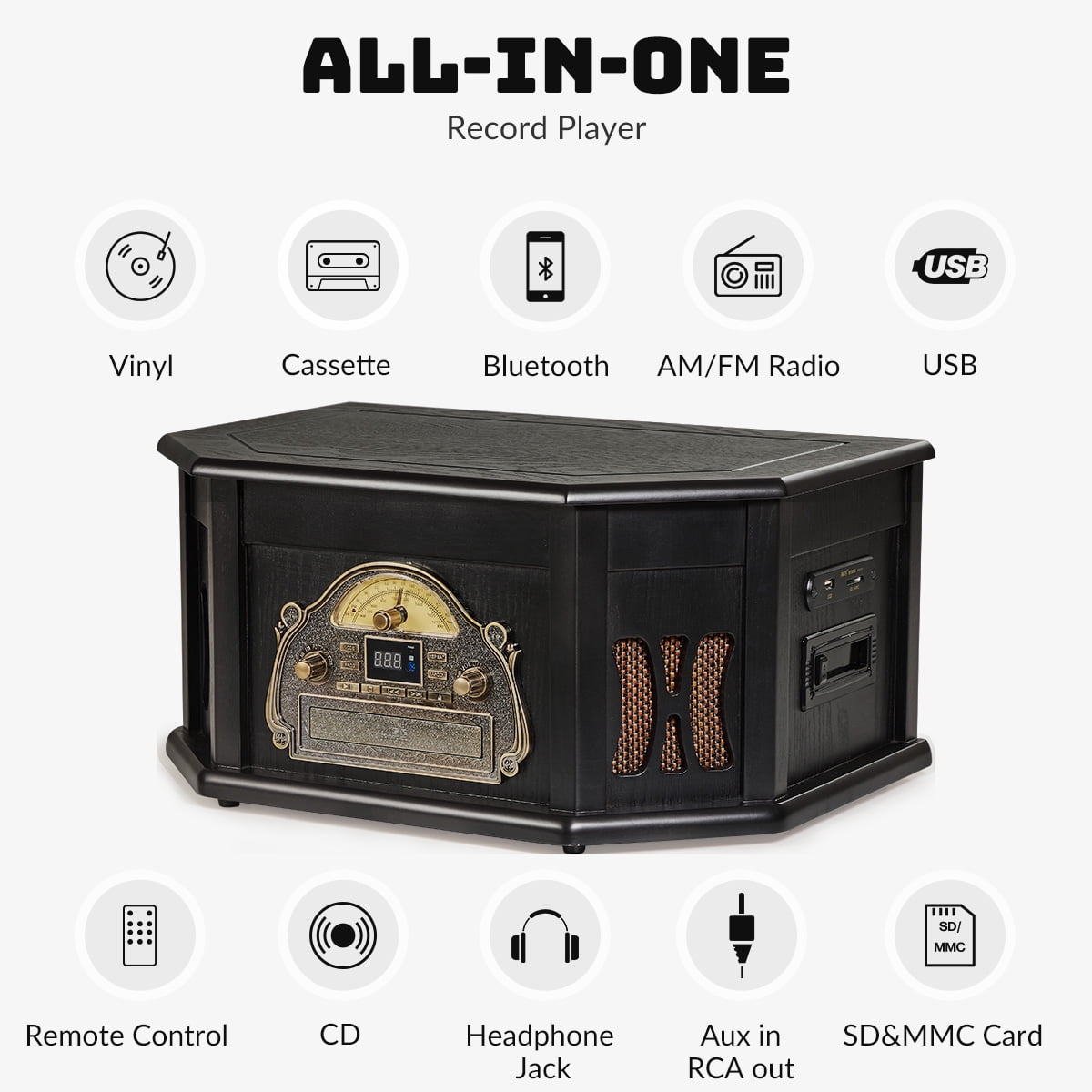 10-in-1 Bluetooth Wood Turntable with Speakers