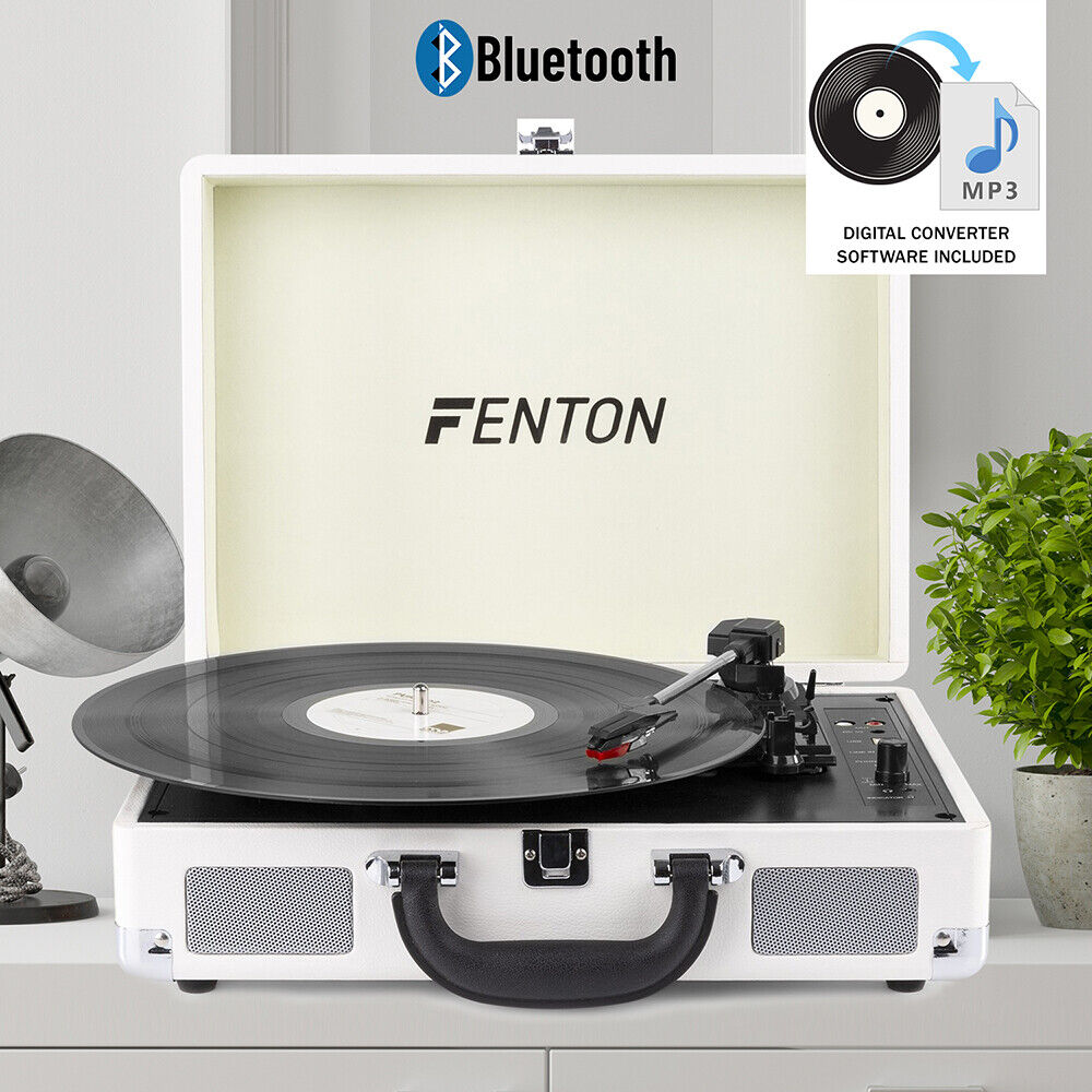 White Bluetooth Vinyl Record Player in Briefcase