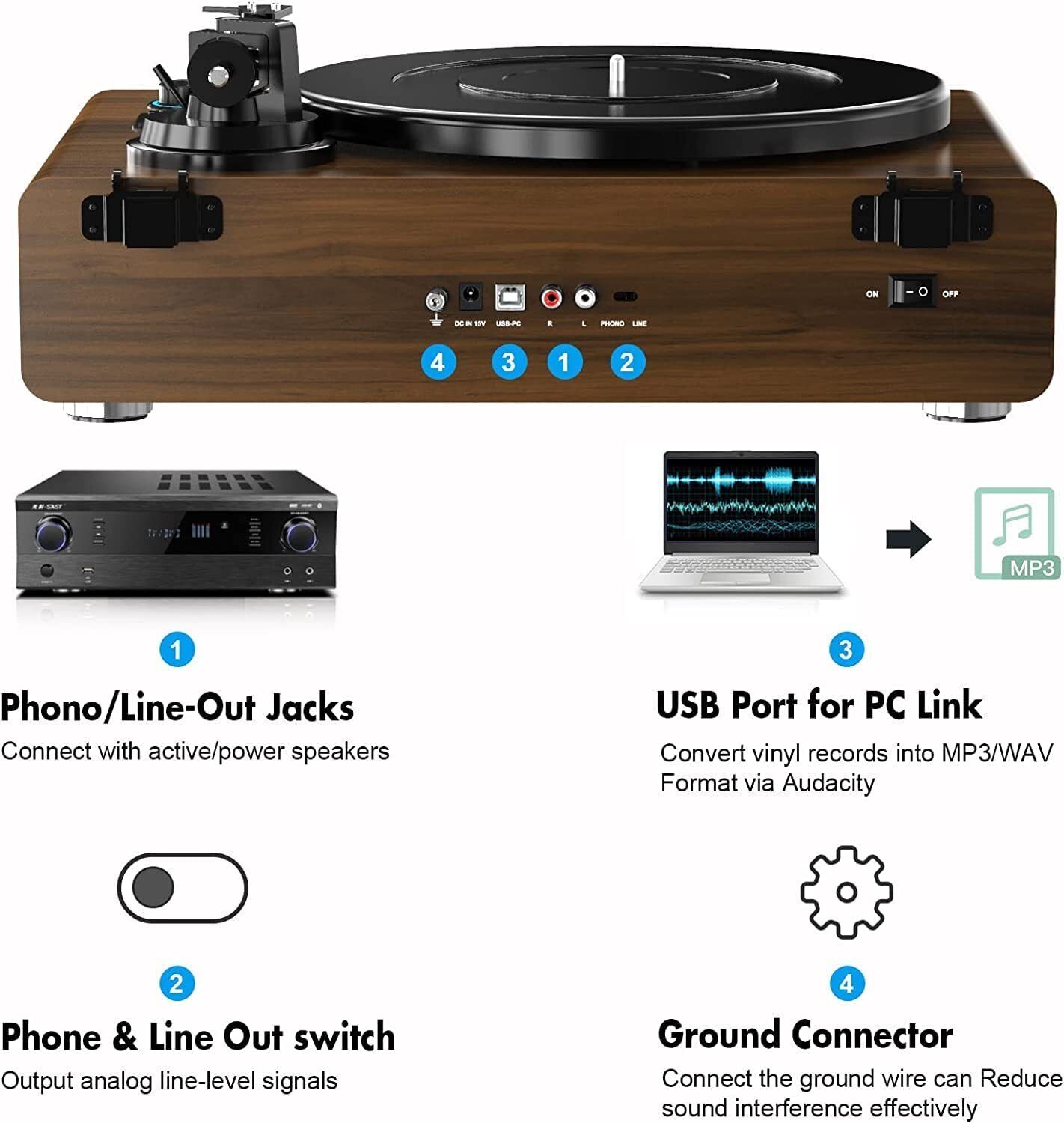 Stereo Turntable with RCA Output & Speakers