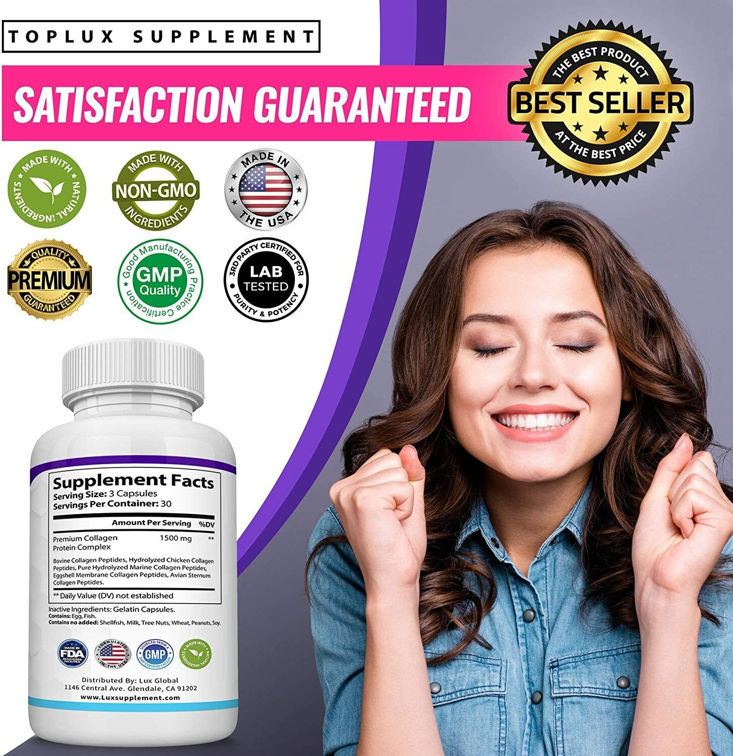 1500 MG Hydrolyzed Collagen Peptides for Anti-Aging