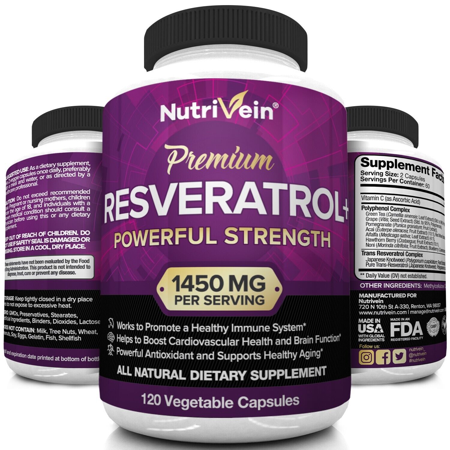 Nutrivein Resveratrol 1450mg Anti-Aging Antioxidant Capsules