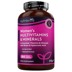 Women's Multivitamins and Minerals - 24 Essential Active Vitamins and Minerals with Added Hyaluronic Acid - 180 Vegan Tablets - No Synthetic Fillers or Binders - Made in The UK by Nutravita